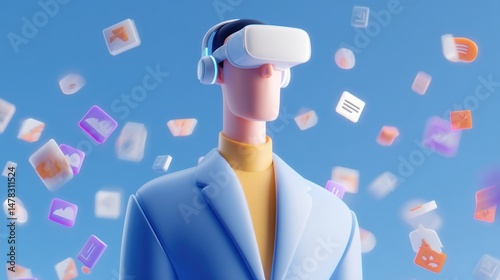A sleek virtual reality interface showing an animated AGI character wearing headphones surrounded by floating icons representing memes and cultural symbols conducting trades in realtime