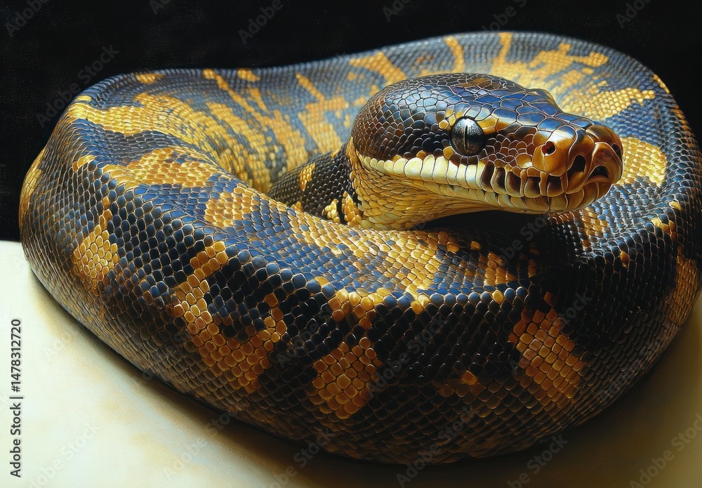 Obraz premium Close-up of a coiled snake with smooth, shiny scales in a pattern of dark and golden yellow hues against a dark background