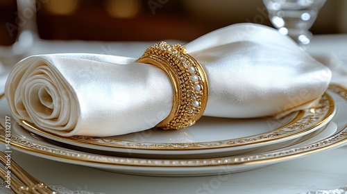 Elegant table setting with golden accents and silk napkin