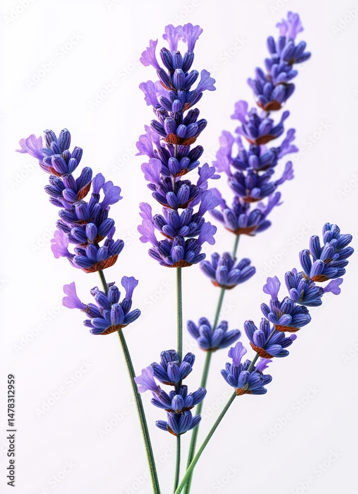 Fototapeta premium Close-up of five vibrant purple lavender flower spikes with detailed petals and green stems against a white background conveying freshness and calmness