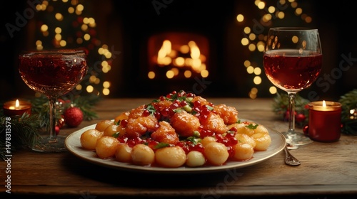 Festive holiday dinner setting with fireplace backdrop