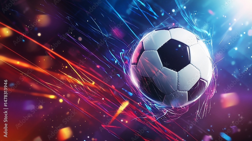 Fototapeta premium Dynamic Soccer Ball with Abstract Light Trails and Colorful Bokeh Effect