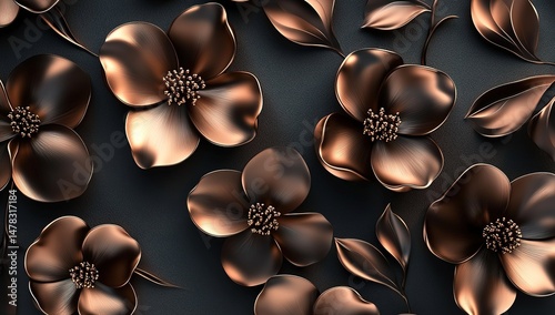 Metallic Bronze Flowers Pattern On Dark Background
