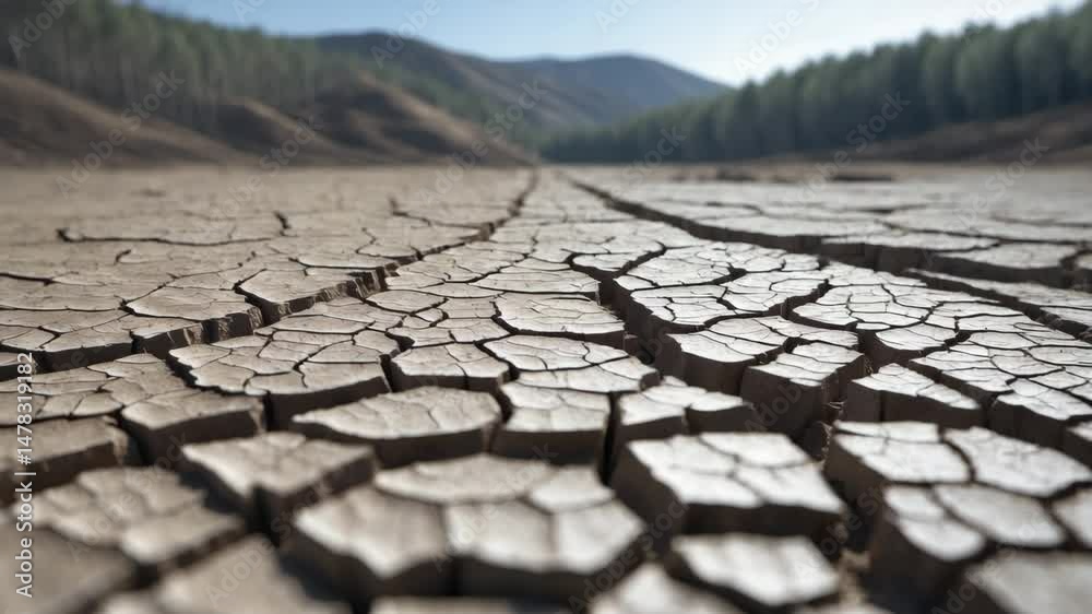 Cracked parched earth, drought in high temperatures, striking backdrop showcasing vivid flame design on fractured surface texture.