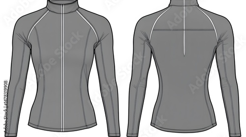 Women's Long Sleeve Zip-Up Fitness Jacket Technical Flat Sketch