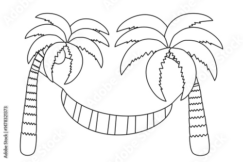 Coloring page with summer outline drawing of tropical palm trees with coconuts and striped hammock. Coconut palm on the beach. Ideal for entertaining kids, summertime, outdoor black and white design.