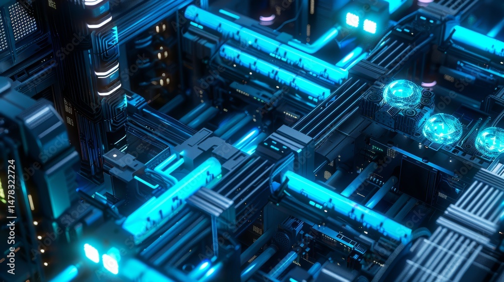 Fototapeta premium isometric D AI server farm with glowing data streams and cooling vents neon blue and black .