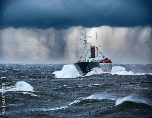 ship bravely faces a raging storm at sea with massive waves and heavy rain