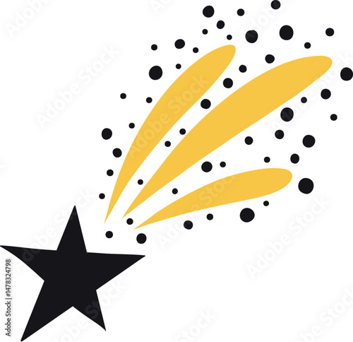 Different shooting stars, heart, circle amd sun with beautiful tails original artwork. Hand drawn star for your design illustration