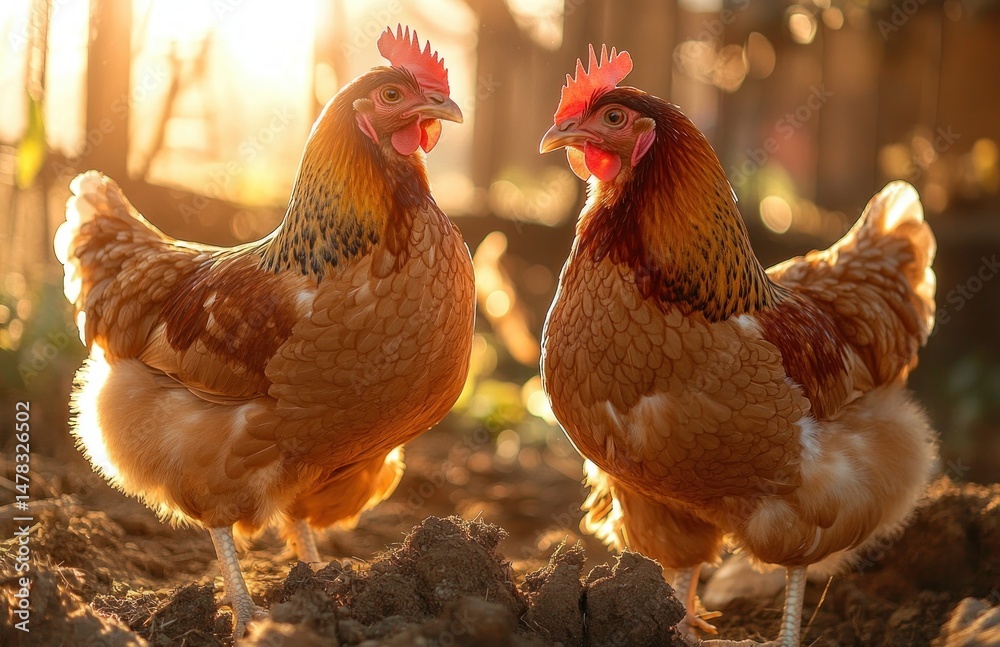 Fototapeta premium Two brown and orange chickens standing on soil with warm sunlight in the background creating a golden glow