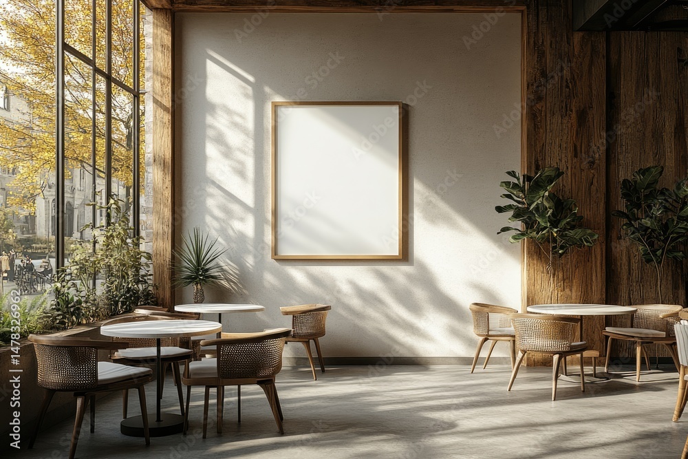 Fototapeta premium Stylish interior cafe scene with large blank poster.