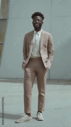 Stylish African man smiles wearing a beige linen suit and white sneakers outdoors in an urban setting on a bright day, hands in pockets.