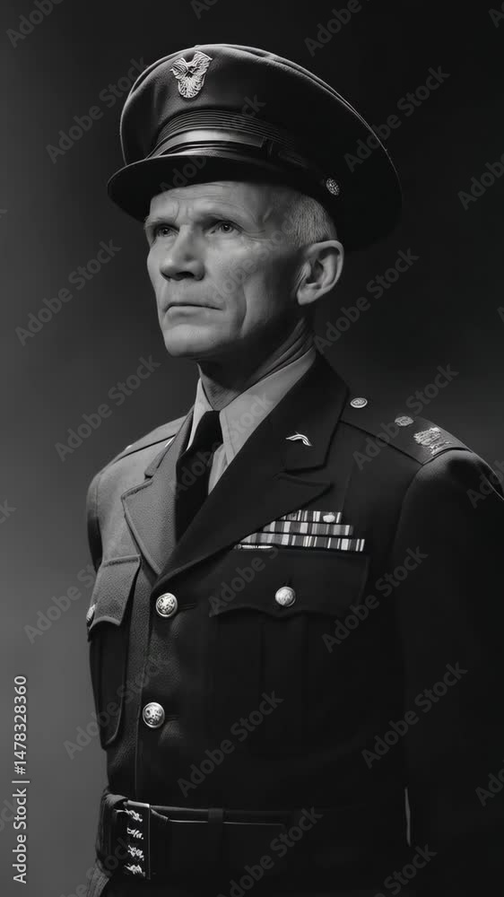 Black and white portrait of an older man in military uniform with a hat and ribbons looking forward with serious expression Black and white portrait of an older man in military uniform with a hat and ribbons looking forward with serious expression