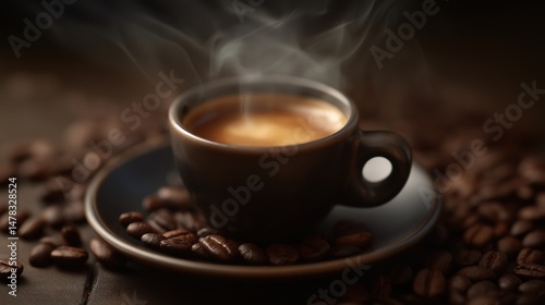 Steaming espresso cup with coffee beans, warm brown tones - the essence of rich coffee moments
