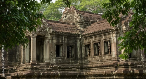 Ancient temple reflecting heritage and history, with stone structure and green foliage photo
