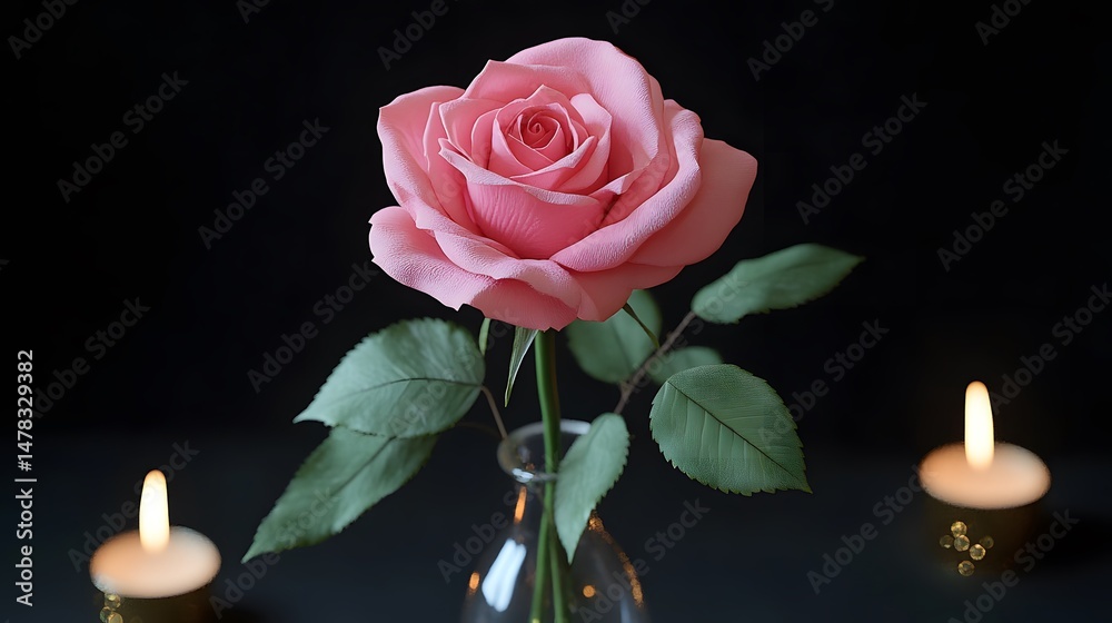 Fototapeta premium Pink Rose in Glass Vase with Candles Dark Background