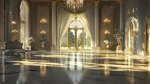 Grand Ballroom: Opulent Interior Design, Sunlight Streaming Through French Doors