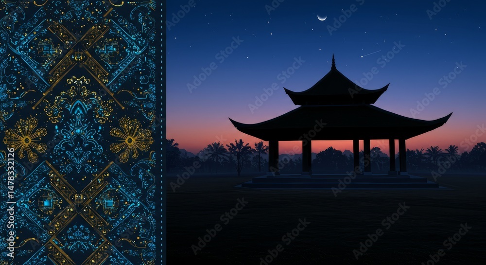 Fototapeta premium Ancient Pagoda Silhouette At Twilight With Starry Sky And Teal Geometric