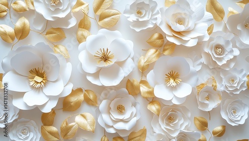 White And Gold Paper Flowers On White Background