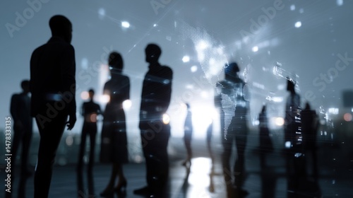 A virtual roundtable with avatars from different backgrounds discussing topics of global significance set against a digital backdrop of shifting languages and icons emphasizing the