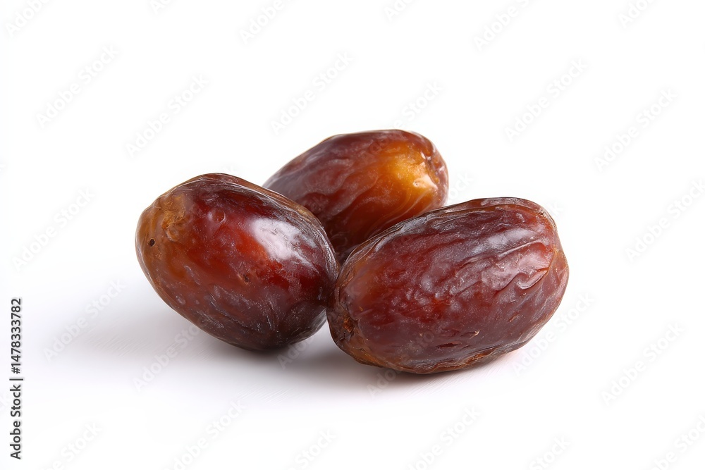 Obraz premium Three ripe dates on a white background.