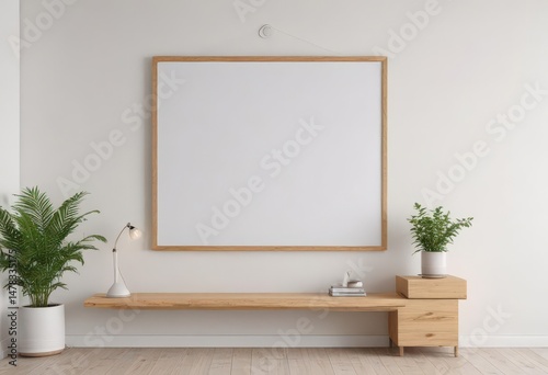 Bright interior, poster mockup hanging with clips, light wood frame, white wall, hanging, surface