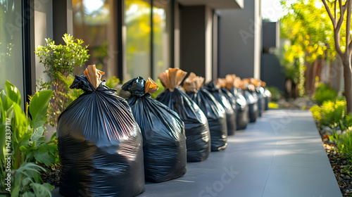 Backyard cleanup: row of trash bags awaiting collection, near a modern home