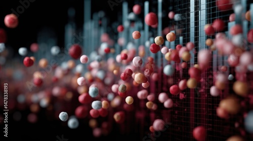 Colorcoded Visualization A digital display where platelets rendered as colored spheres cascade downward splashing into a grid that converts their impact into stacked histogram columns