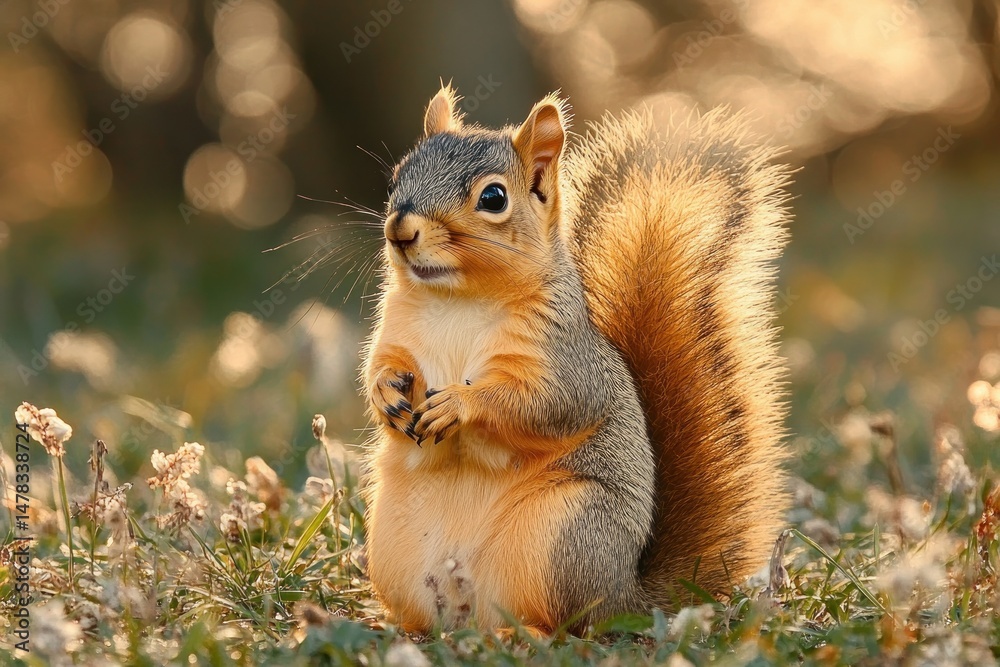 Obraz premium Cute squirrel standing on grass surrounded by small flowers with soft golden sunlight in the background