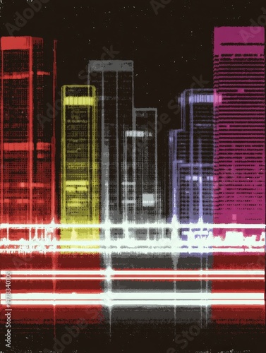 Cityscape Reflections: A dynamic cityscape with brightly illuminated skyscrapers reflected in a blurred, colorful light.