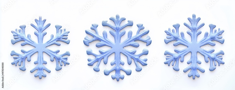 Fototapeta premium Three light blue decorative snowflakes arranged horizontally on a white background symbolizing winter and holiday cheer
