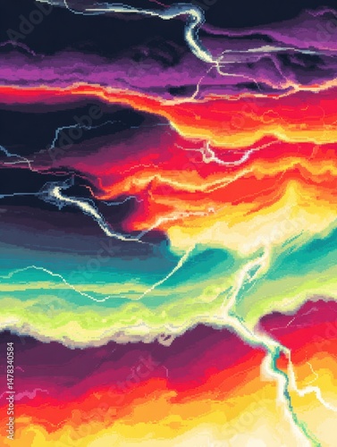 Vibrant Celestial Storm: An artistic, abstract display of a stormy sky, featuring vivid colors and dynamic lightning strikes, evocative of raw power and natural grandeur.