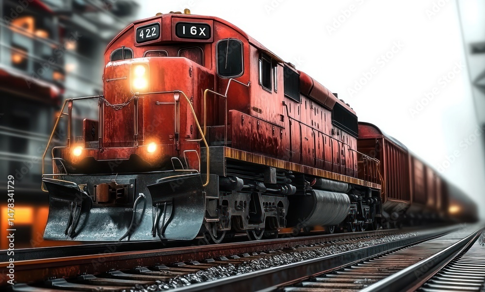 Obraz premium Powerful bright red freight train engine moving on railway tracks through an urban area with illuminated buildings in the background
