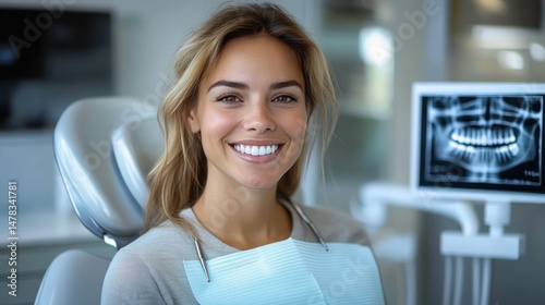 Young woman sitting in dental chair smiling brightly with dental bib and dental x-ray visible in background Free Download Young woman sitting in dental chair smiling brightly with dental bib and dental x-ray visible in background - GFXLoad