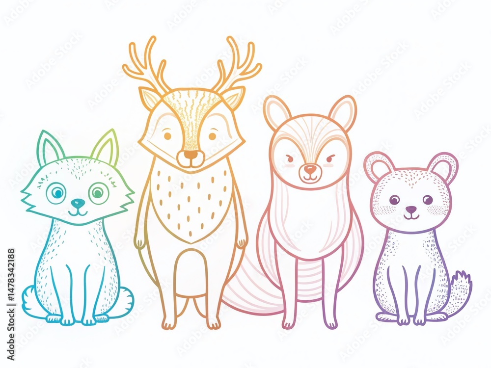 Naklejka premium Adorable Line Art Animals Nursery Wall Art Print - Cute Fox, Bear, Rabbit, Deer & Owl Illustration