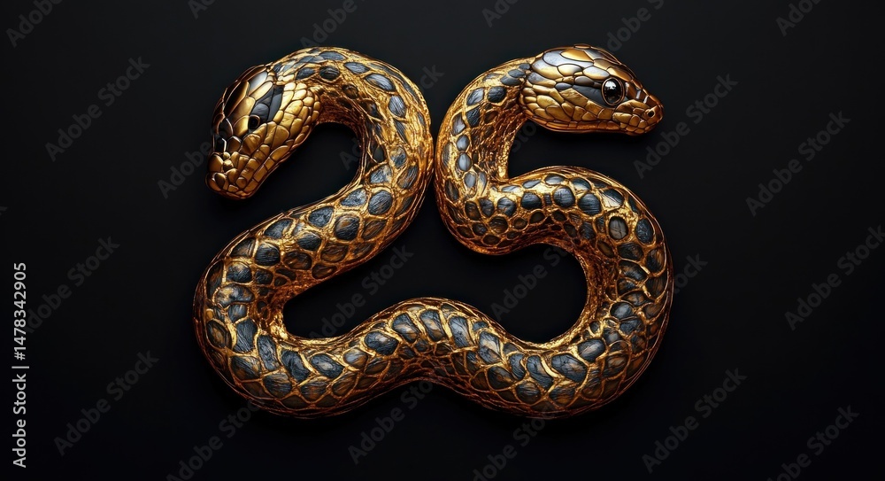 Obraz premium Golden and black patterned snake shaped into the number twenty-five on a black background