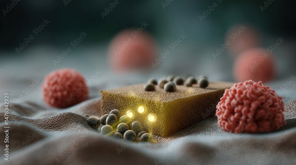 A conceptual illustration of a skin patch emitting soft light signals indicating the active engagement of AGI with visual cues representing the complex interactions between cells for