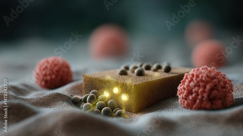 Obraz na płótnie A conceptual illustration of a skin patch emitting soft light signals indicating the active engagement of AGI with visual cues representing the complex interactions between cells for w salonie