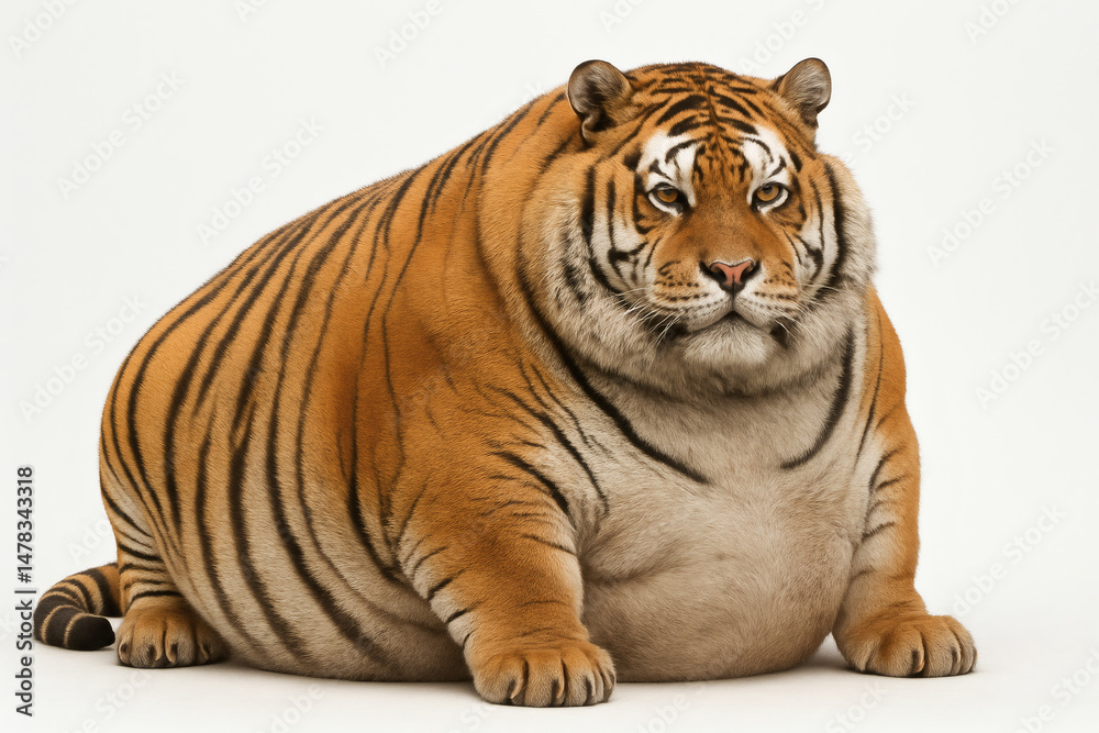 Obraz premium Overweight Bengal Tiger Sitting and Staring Directly Ahead, white background