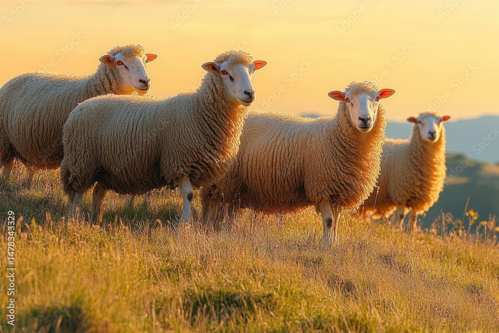 Obraz premium Four sheep standing on a grassy hill at sunset with warm golden light, peaceful and serene countryside scene