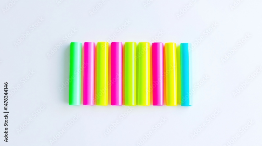 Obraz premium Vibrant array of colorful plastic drinking straws on a white background, offering a cheerful and playful aesthetic