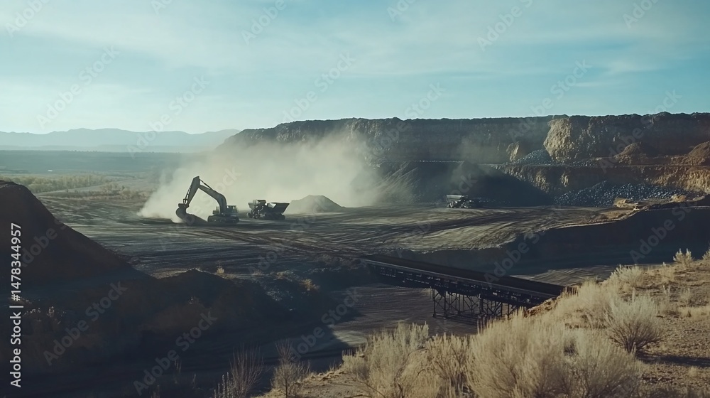 Fototapeta premium Heavy machinery working in a large open pit mine during sunny day