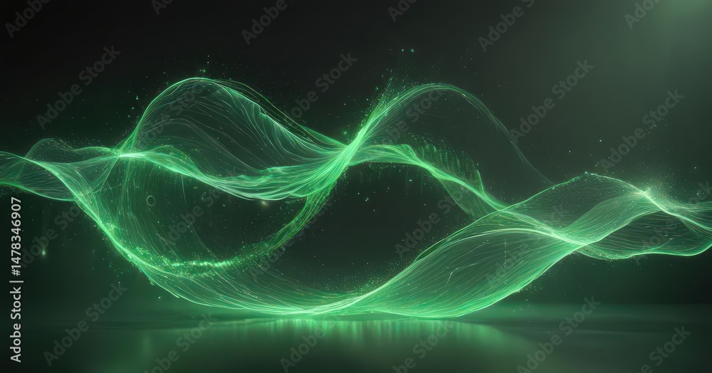 Obraz premium Ethereal green wave of light, abstract particle dance , technology, nature