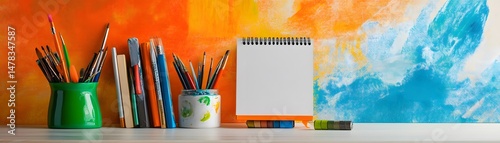 Colorful art supplies arranged on a white shelf.
