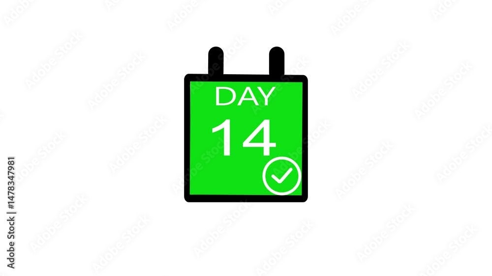 Day 14 number icon animation. with calendar check mark on a white background. and stunning 4k video.