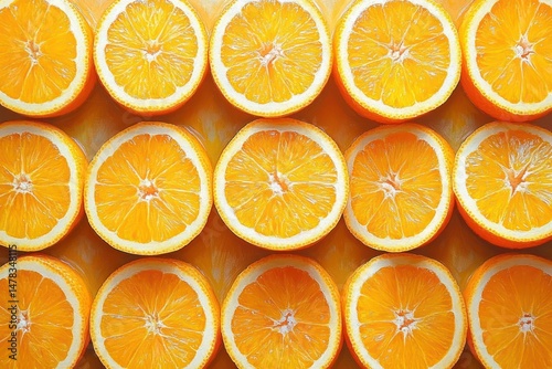 Rows of fresh juicy orange halves arranged neatly showing vibrant bright orange flesh and white pith under bright lighting