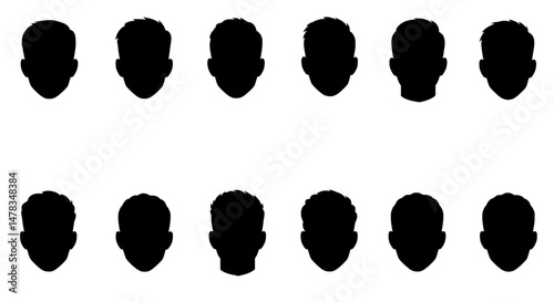 Shadowed Forms: Silhouetted male faces in orderly arrangement, highlighting their individual forms against stark contrast.