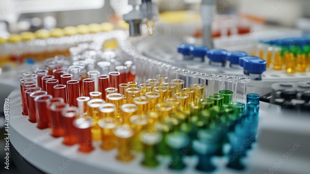 Close-up of Automated Scientific Equipment Handling Test Tubes with Colorful Liquid Samples in Medical Laboratory Close-up of Automated Scientific Equipment Handling Test Tubes with Colorful Liquid Samples in Medical Laboratory