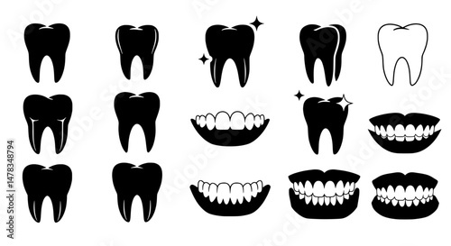 Dental Diagrams: A compilation of simplified black and white illustrations focusing on various dental elements for educational or medical use. 