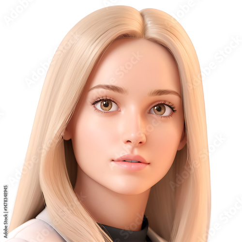 Blonde Hair Digital Portrait of a Young Woman: Realistic Rendering with Smooth Skin, Detailed Eyes & Fashion Model Aesthetics